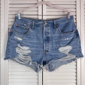 Levi's 501 High Waist Distressed Fried Hem Blue Jean Shorts Festival Size 34